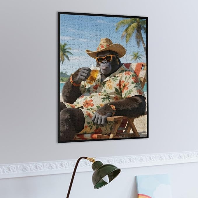 Summer Gorilla – 1000 Piece Creative Animal Wooden Jigsaw Puzzle, Energetic Summer Gorilla Illustration, Brain Challenge, Relaxing Hobby, Family Entertainment