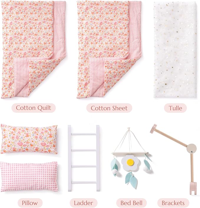ROBOTIME Baby Doll Bunk Beds, Wooden Baby Doll Crib, Stackable Doll Bed Toy, High18 inch Dolls Furniture Fits American Girl 3+ (Pink, 2 Pcs Beds)