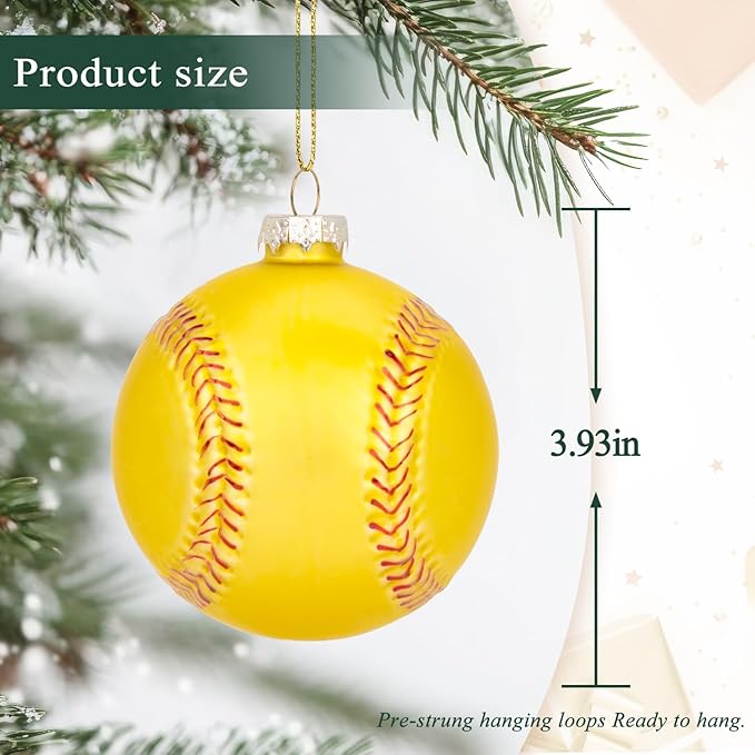 3.15” Christmas Softball Glass Blown Ornament, 2025 Hand-Painted Small Mini Sports Ball Decoration for Boys and Girls, Xmas Tree Holiday Decor Kids Themed Party Gifts