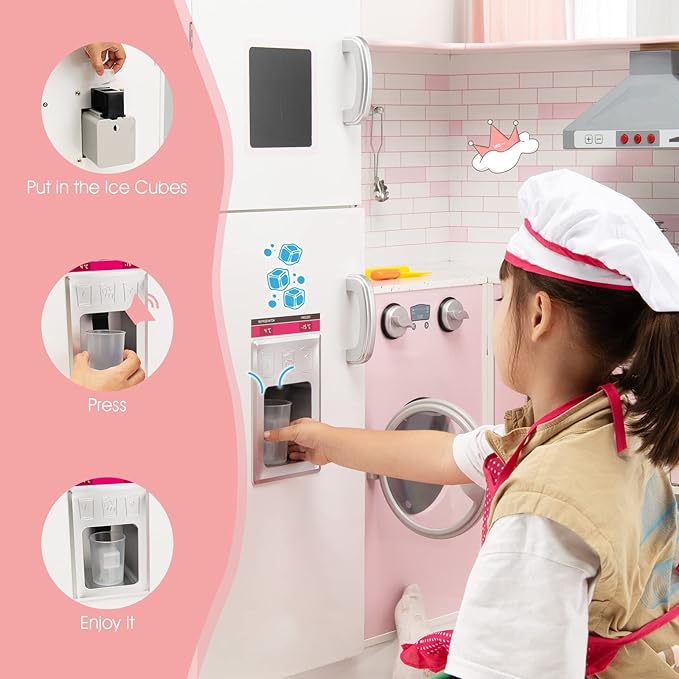 Costzon Kids Corner Play Kitchen, Wooden Pretend Play Kitchen w/Realistic Light & Sound, Washing Machine, Microwave, Ice Maker, Oven & Stove, Little Chef Pretend Toy Kitchen for Boys & Girls