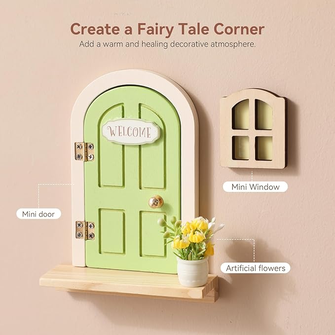 Mamimami Home Green Balcony Little Magical Fairy Door with Base, 13cm 5.12 inch Elf Miniature Tiny Door with Flowerpot and Window, Tooth Fairy Door Handmade Christmas Decorations