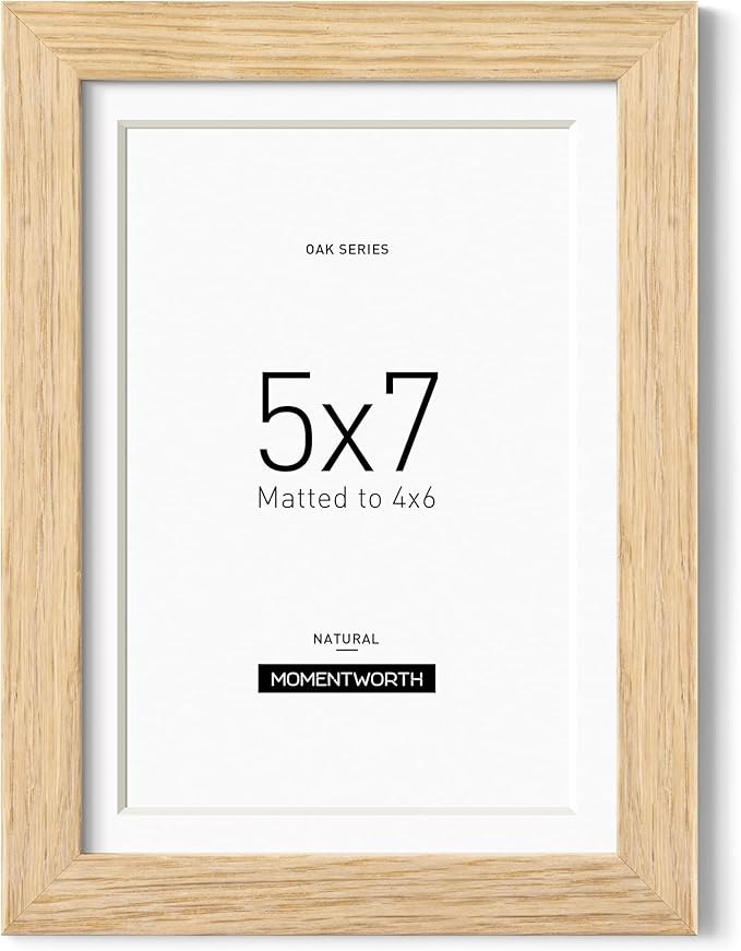 Momentworth 5x7 Picture Frame with Mat for 4x6, Solid Oak Wood 5x7 Frame with Tempered Glass for Wall Mount & Tabletop(Single,Oak)