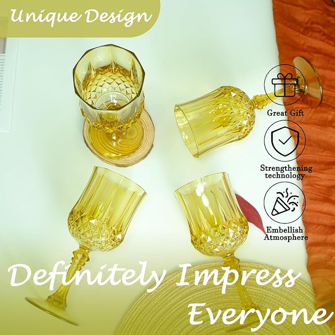LEYIQU Plastic Wine Glasses, Plastic Goblets Vintage Style Cordial Drinking Glasses for Valentine’s Day, Wedding Reception, Grand Event Party Supplies (100, Gold)