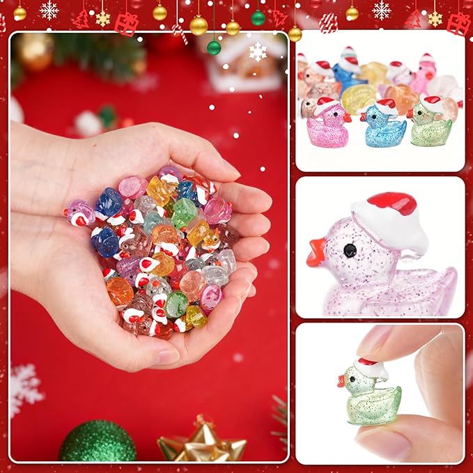 160PCS Luminous Mini Glitter Ducks Christmas Colorful Tiny Resin Ducks to Hide Miniatures Figures for Prank Xmas Goodie Bag Fillers Party Decor