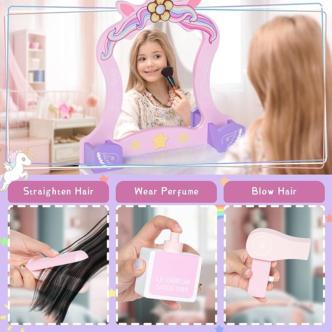 BRINJOY Wooden Vanity Set for Kids, Toddler Tabletop Beauty Salon Play Set w/Accessories & Drawer, Princess Makeup Pretend Play Vanity Table Toy with Mirror for Little Girls Age 3-8