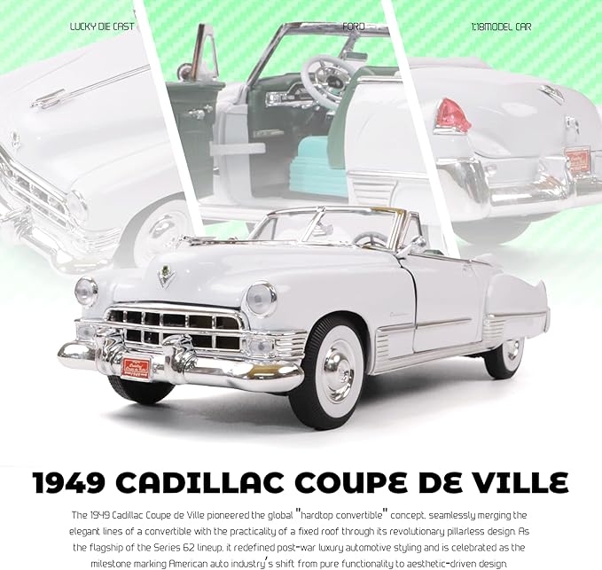 1949 Cadillac Elvis 1/18 Scale Die-Cast Metal Model Car with Opening Doors & Display Case - Premium Classic Vintage Collectible Car for Kids Men and Teens (White)