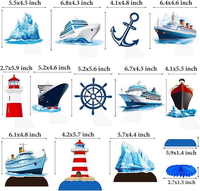 Nautical Ship Honeycomb Centerpieces 12Pcs Nautical Party Table Decorations Lighthouse Anchor Centerpieces Iceberg Sailor Birthday Party Decorations for Sailing Theme Party Supplies