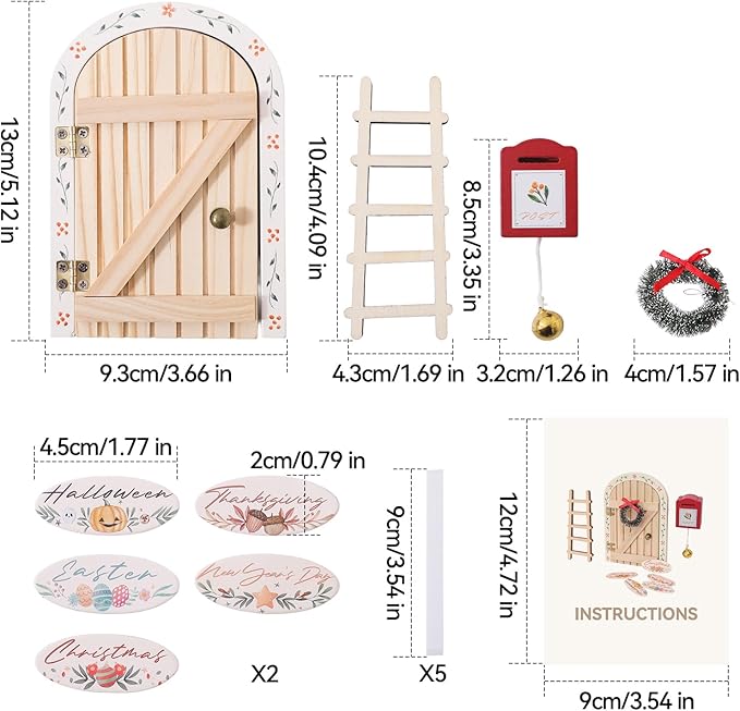 Mamimami Home Festival Wooden Little Magical Fairy Door, Elf Miniature Tiny Door with Ladder and Wreath, Tooth Fairy Door Handmade Christmas Decorations