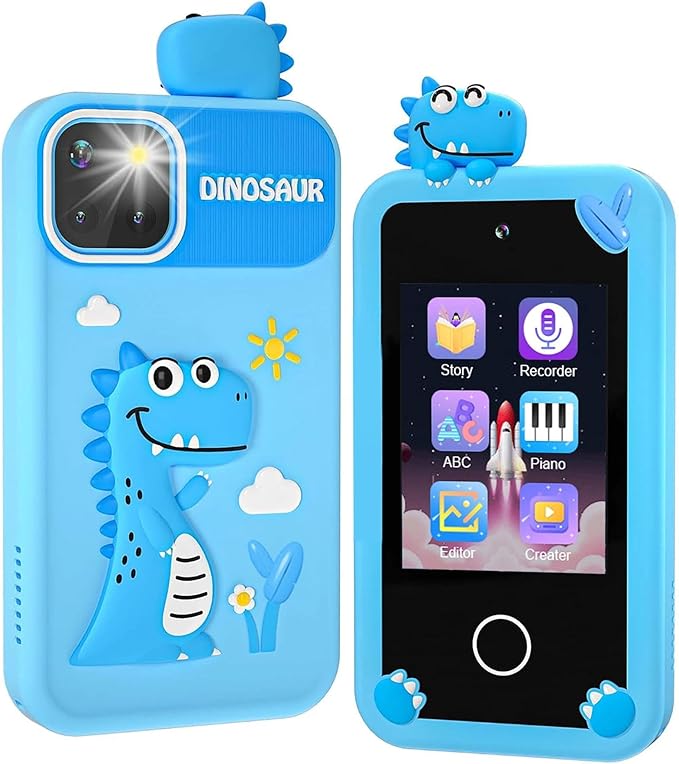 BEBESIRI Kids Camera Mini Smartphone Toy for Girls, 2.8" Touch Screen, 22 Learning Games, Dual Camera, Music Player, 32GB Card, Christmas Birthday Gift, (Blue Dinosaur)