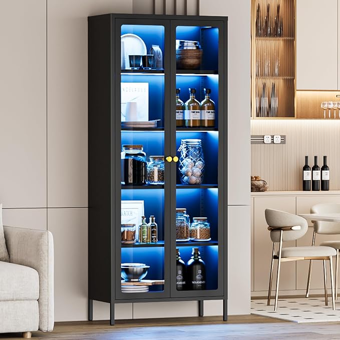 5-Tier Display Cabinet with 13-Color Light, 67" Tall Bookcase Bookshelf with Glass Doors & Adjustable Shelves, Metal Storage Cabinet Display Case for Collectibles Curios Trophies - Black