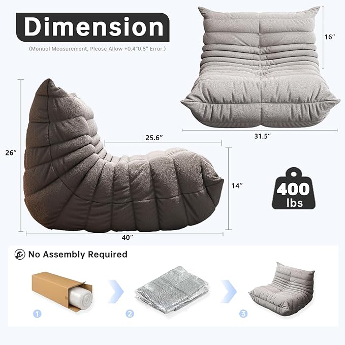 Memory Foam Bean Bag Chair for Adults, Teddy Material Beanbag Sofa with Filler, Cozy Floor Lounge Seat for Living Room, Bedroom, Dorm, Office (Grey)