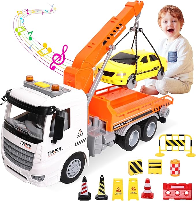 11" Kids Tow Truck Toy, Friction Powered Transport Truck with Racing Car, Traffic Signs, Sound and Lights for Boys & Girls Age 3-7 8 9 10 Year Old