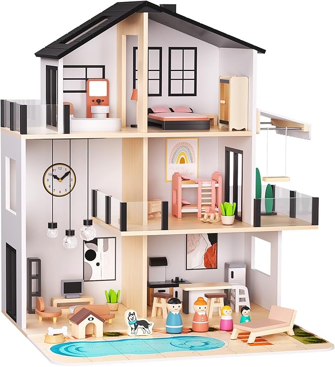 BIERUM Wooden Dollhouse, Large Modern Doll House with 49Pcs Furniture Accessories, Dolls & Pets, DIY Puzzle Pool Yard, Wood Dollhouse Toy for Toddlers 3+, Ideal Gift for Boys and Girls (Black)