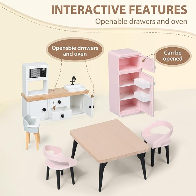Wooden Dollhouse Furniture Set, Dollhouse Accessories and Furniture, with 7 Rooms 3 Dolls, Includes Patio Set & Dog Set, Doll House Furniture Toys Gift for Kids Boys Girls