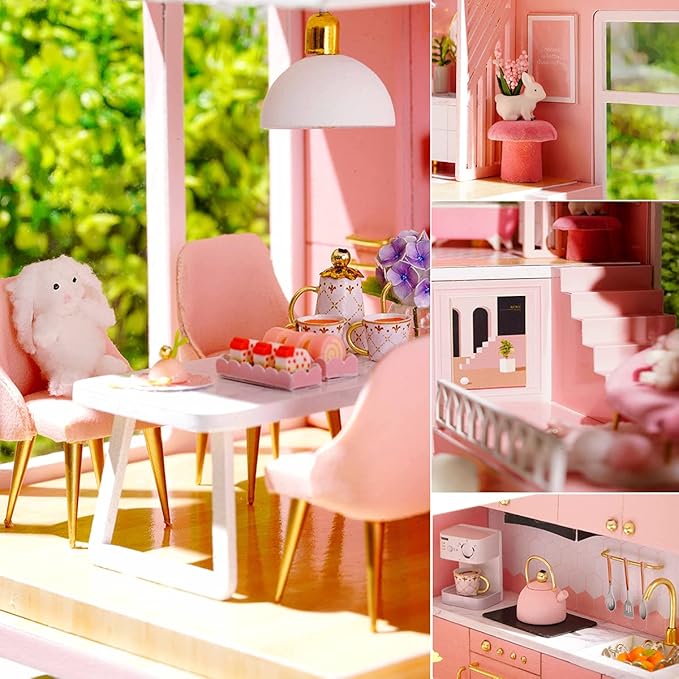 TuKIIE DIY Miniature Dollhouse Kit with Furniture, 1:24 Scale Creative Room Mini Wooden Christmas Doll House Accessories Plus Dust Proof & Music Movement for Kids Teens Adults(Warm Moments)