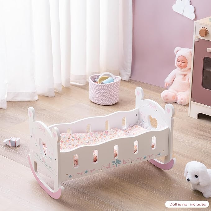 ROBOTIME Baby Doll Crib, Doll Bed for 18–24 Inch Dolls, Wooden Doll Cradle with Mattress, Pillow & Quilt, Pretend Play Doll Furniture Gift for Girls & Boys Ages 3+