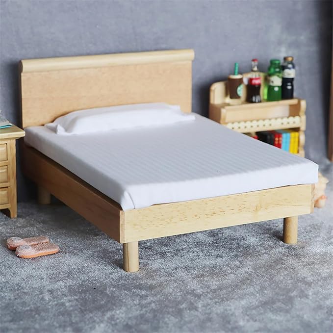 1/12 Dollhouse Bed Miniature Queen Woode Bed for Dollhouse Bedroom Furniture Accessories (Wood)