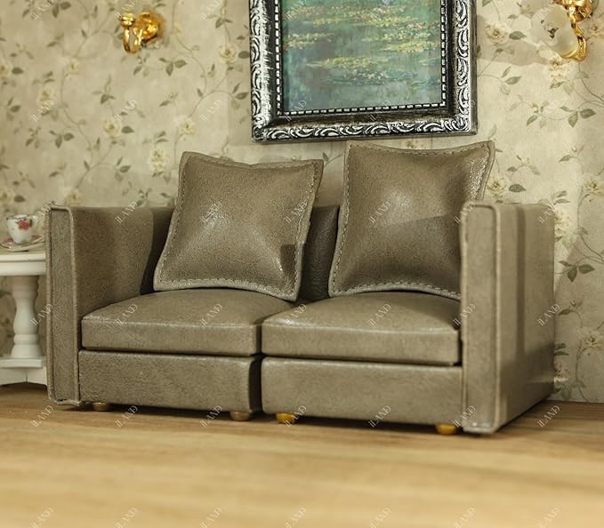 iLAND Dollhouse Furniture Miniature Sectional Couch Set for Doll House Décor Fit 1/12 Scale Accessories, Modern Gray Faux Leather Sofa Timeless & Classic