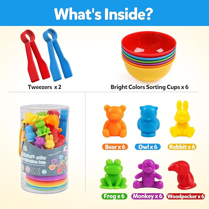 Counting Animals Toys Matching Game with Sorting Bowls Preschool Learning Activities Montessori Sensory Toys for Math Color Sorting, Party Favors Birthday New Year Gifts for Kids