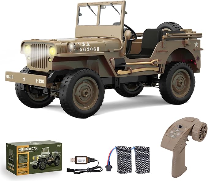 RC Crawlers, 1:10 Scale D888 Willys Military Jeep, 2.4Ghz 4WD Off Road Rock Crawler with Lights, Removable Accessories All Terrain RC Jeep Toy for Adult Teens-Upgradable (2 Batteries)