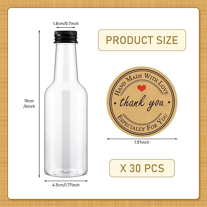 Roshtia Mini Liquor Bottles - 30 Pcs with 2 Sheets Stickers, 5 oz Plastic Mini Spirit Alcohol Bottles for Weddings, Party Supplies