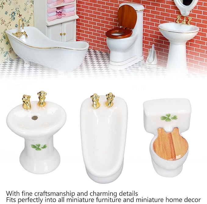 1:24 Dollhouse Miniature Bathroom Set, Ceramic Simulation Bathtub Toilet Sink, Miniature Furniture, Mini Ceramic Bathroom Furniture Set for Dollhouse Restroom Decoration (Grass Pattern)