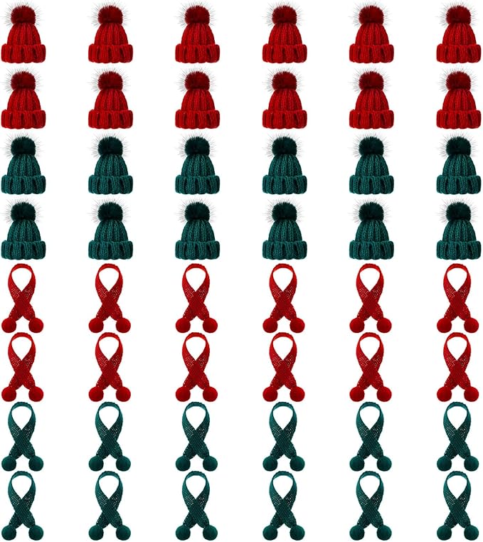 Bencailor 48 Pcs Mini Christmas Knitting Hats and Mini Christmas Scarf Set Knitting Doll Hat Scarf Santa Knit Hat Tree Ornaments for DIY Craft Art Doll Decoration (Red,Green)