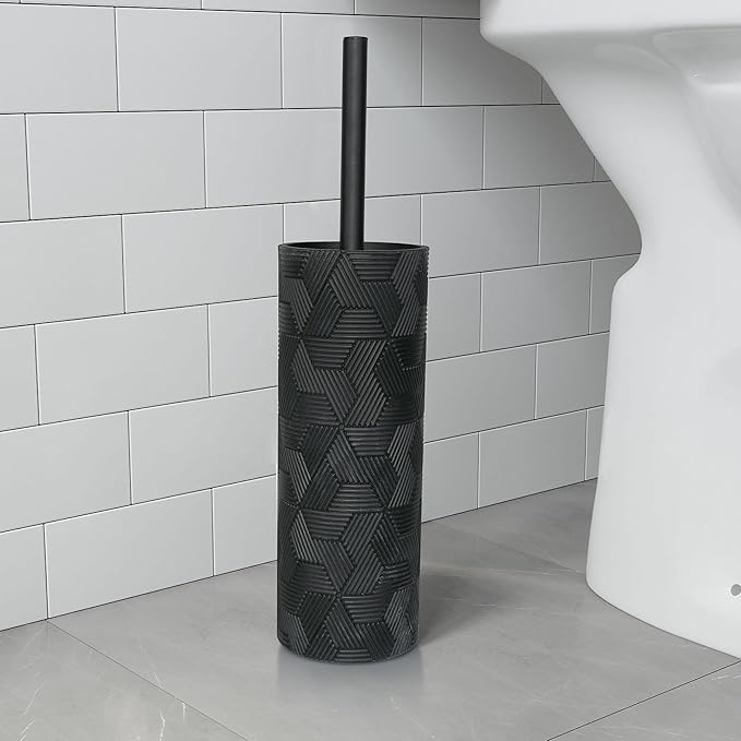 Indecor Home Matte Black Geo Design Resin Toilet Bowl Holder and Brush Set, Stylish Geometric Design with Durable Bristles, Compact and Modern