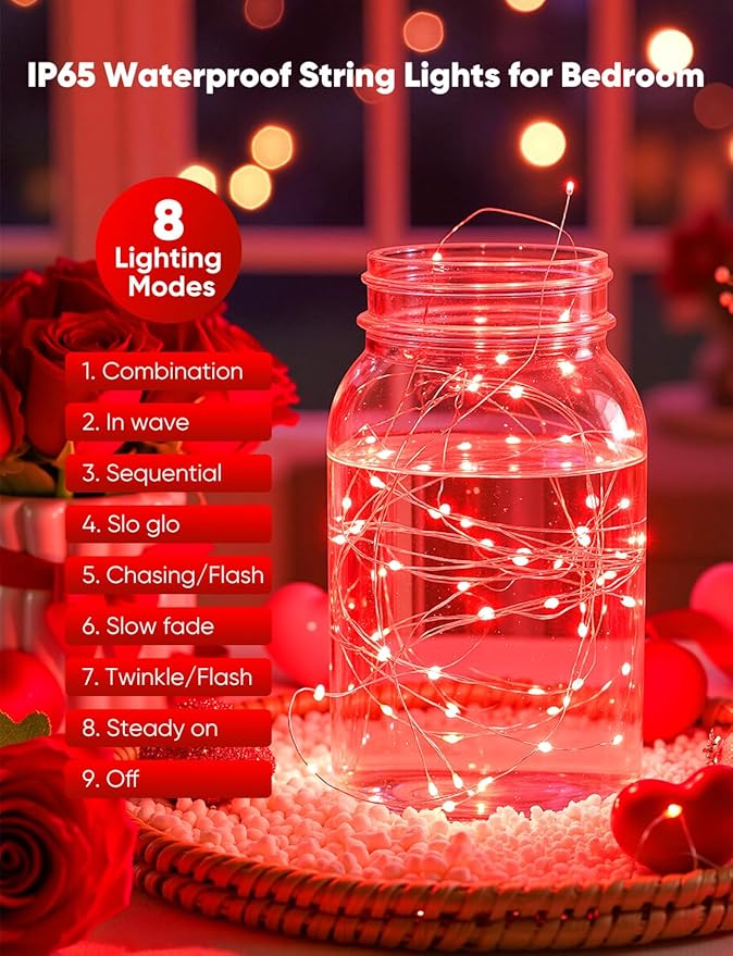 Minetom 12 Pack Red Christmas Lights, 7ft 20 LED Fairy Lights Battery Operated String Lights, Valentines Day Decorations, 8 Modes Timer Waterproof Silver Wire Twinkle Lights, Valentine's Day Lights