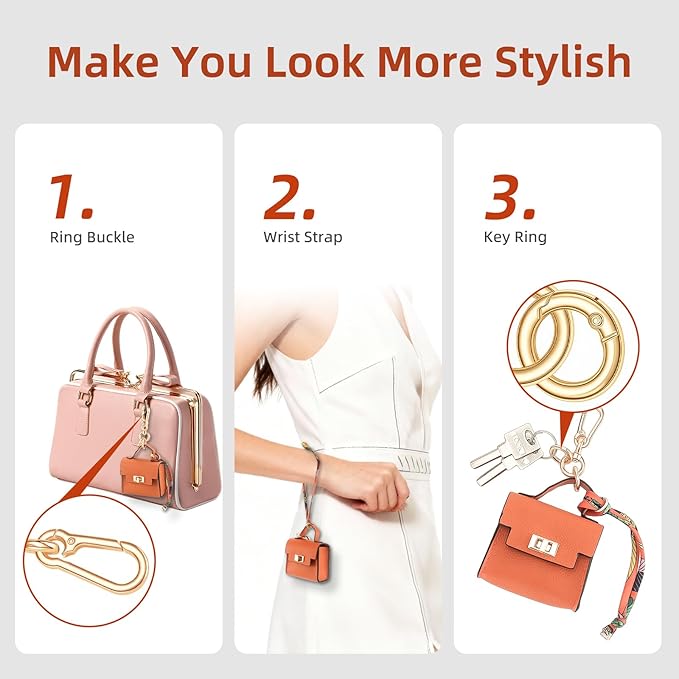 FENHIN Mini Backpack Keychain, Leather Small Coin Purse for Women, Cute Hand Bag Charms with Key Holder & Twist-lock (Orange)