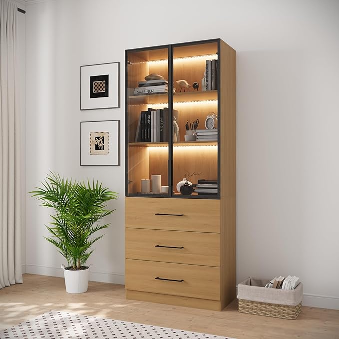 78.7" Oak Display Cabinet with 3 Drawers, 3 -Tier Storage Cabinet with LED Lights, Tall Bookcasse Storage Cabinet, LED Display Case for Collectible, Living Room, Office, Kitchen