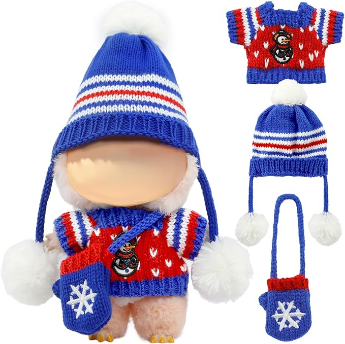 Christmas Clothes for LABUBU Doll (NO Doll), 3-Piece Handcrafted Crochet Christmas Accessories for LABUBU 17cm Dolls, Premium Outfit for LABUBU - Christmas Sweater + Hat + Bag (Blue)