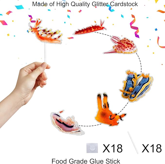 18-Pcs Mollusk Cupcake Toppers Sea Slug Themed Happy Birthday Decorations, Perfect Nudibranch Decorations for Boys or Girls Ocean Themed Birthday Party, Mollusk Party and Baby Shower. SugarGera