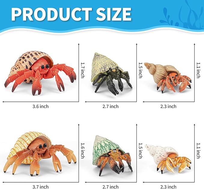 6PCS Hermit Crab Figurines Toys,Ocean Sea Animals Toys Figures, Realistic Soft Sea Creatures Toys for Kids Boys Girls,Birthday Gifts Cake Toppers Decoration for Toddlers Boys Girls