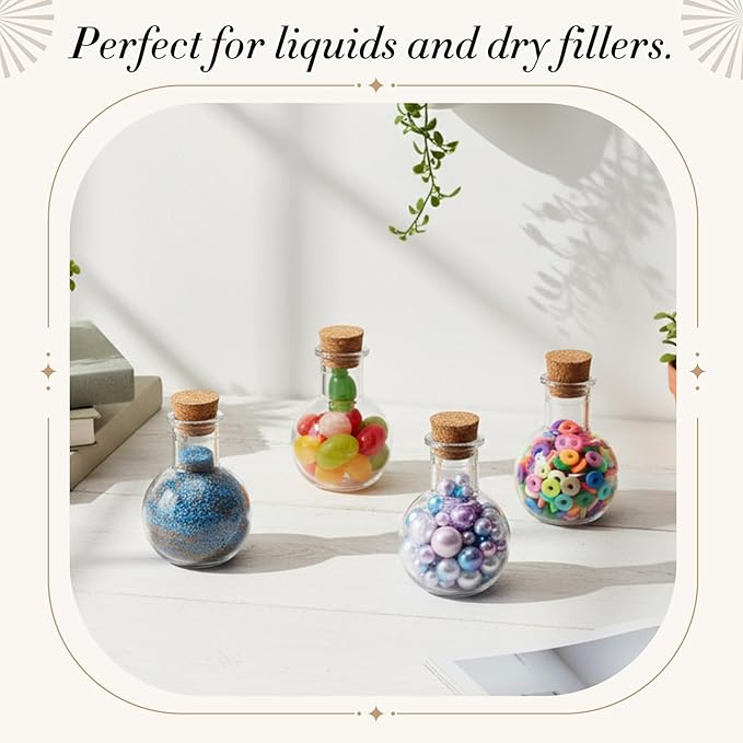 Bokon 1oz Plastic Mini Potion Bottles with Corks, Small Sand Art Jar Tiny Clear Liquor Bottles Bulk Wishing Vial for Birthday Halloween Valentines Party Favor DIY Craft(1.4x1.8 Inch,Round,50 Pack)