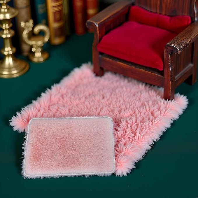 Miniature Square White Rug, Soft Carpet Decor for 1/12 Scale Dollhouses, Lightweight and Decorative Accessory for Doll House Interiors (Pink)