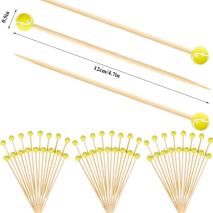 100 pieces bamboo cocktail picks 4.7 inch fruit toothpicks sports ball end cocktail skewers wooden decorative cocktail picks for appertizes, fruit, food, sport party favors (Tennis)
