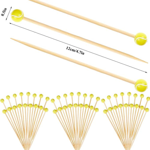 100 pieces bamboo cocktail picks 4.7 inch fruit toothpicks sports ball end cocktail skewers wooden decorative cocktail picks for appertizes, fruit, food, sport party favors (Tennis)