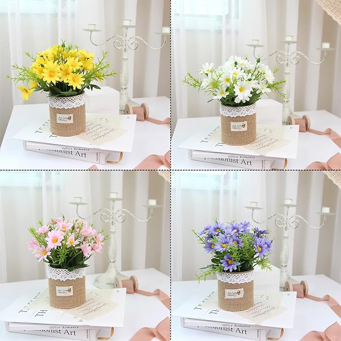 XONOR Artificial Flowers - Set of 4 Mini Fake Potted Silk Daisy Flowers for Home Decor Wedding Office Tabletop Decoration