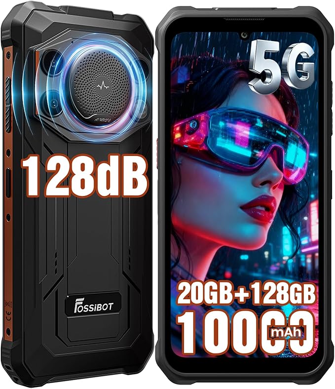 FOSSIBOT F110 Pro Rugged Smartphone Unlocked 5G Android 15, 128dB Loudest Speaker 20GB+128GB /2TB 10000mAH, 6.7'' HD Display 50MP Rear Camera, IP68/69K Waterproof, NFC/Dual SIM/Widevine L1
