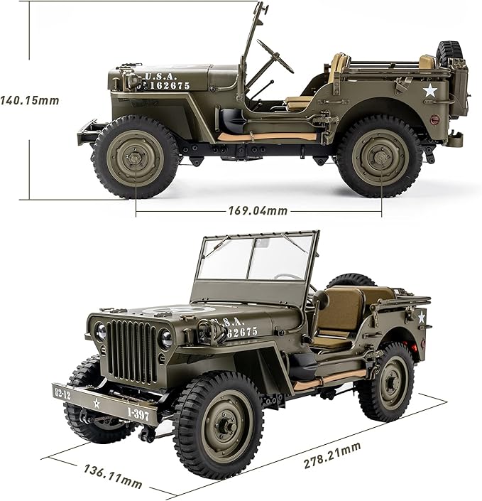WOWRC RocHobby 1/12 1941 MB Scaler RC Jeep, 4x4 Hobby Grade RTR RC Car Mini RC Rock Crawler Military, 2.4Ghz RC Truck with LED Lights, Battery and USB Charger for Adults