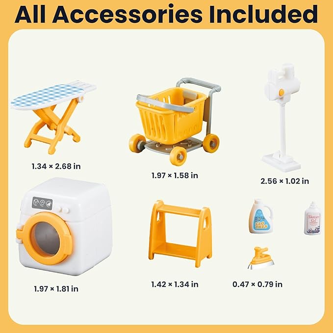 Family Dollhouse Laundry Set — Washing Machine, Ironing Board & Iron, Vacuum, Storage Stand & Rolling Cart — Dollhouse Furniture & Accessories for Ages 3+