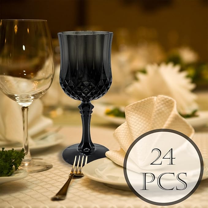 Veiuwa 24 PCS Black Plastic Wine Glasses,Reusable Plastic Wine Glasses,Black Goblet Glass,Durable and Sturdy Cups Can Be Used for Various Parties Such as Weddings!