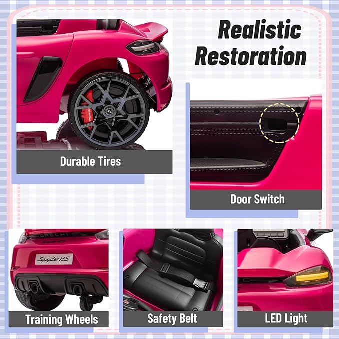 12V Ride on Car Licensed Porsche 718, Kids Electric Car with Remote Control, Front/Rear LED Light, Radio, USB/AUX, Openable Doors, Suspension Function, Durable Tires (Pink)