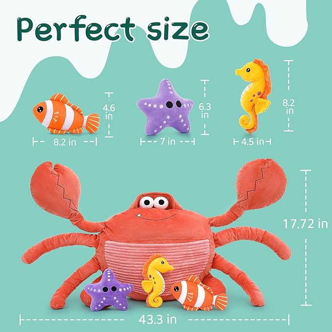 4Pcs Giant Crab Plush Toy Set, 43.3" Weighted Crab Stuffed Animal with 3 Small Cute Stuffed Sea Animal, Seahorse Starfish Clownfish Plushies Gift for Kids, Under The Ocean Party Favor, Red