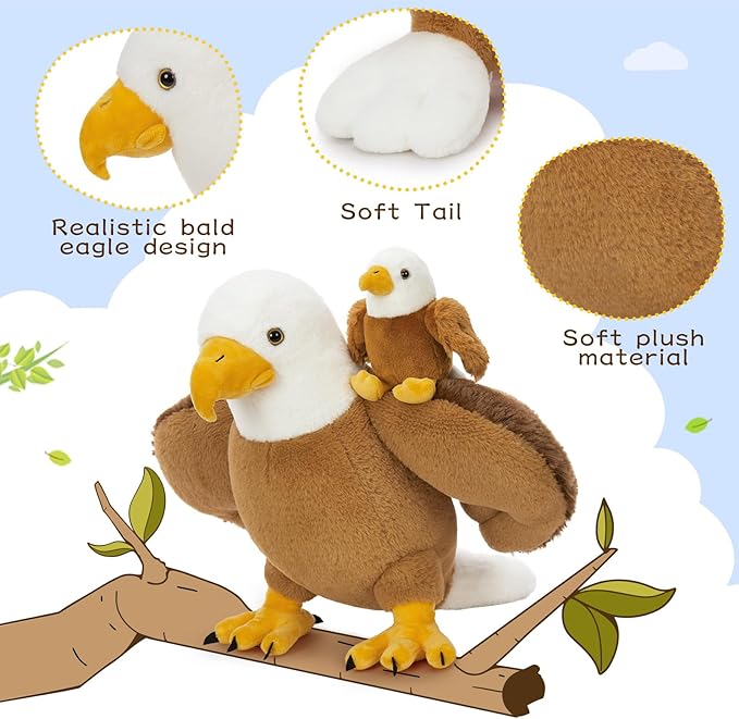 6Pcs Bald Eagle Plush Toy, Mother Eagle Stuffed Animal with 3 Baby Eagles & 2 Eggs, 16" Cute Soft Stuffed Hawk Plushie for Girls Boys Kids, Christmas Birthday Gift for Bird Lovers