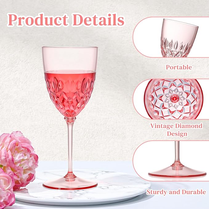 SKLENICE 48 pcs Plastic Pink Wine Glasses Bulk 7.4oz Detachable Small Wine Goblet Champagne Flutes Unbreakable Vintage Diamond Stemware Mimosa Drinking Glassware for Wedding Christmas Event Party