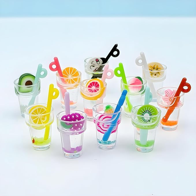 11 Pcs Miniature Dollhouse Drinks Set – Resin Glass Cup and Fruit Beverage Bottles, Simulated Drink Models for Summer Leisure-Themed Decor Decor, 1.07 x 0.5 Inch Mini Props for DIY Craft Display