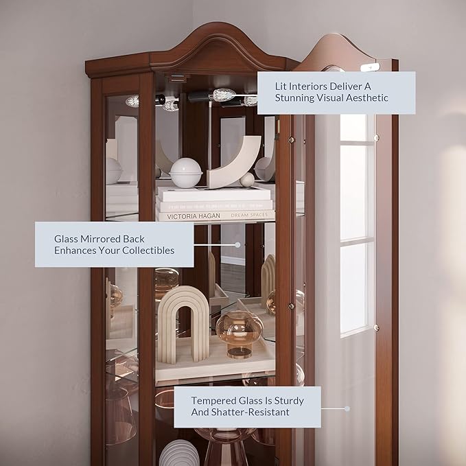 BELLEZE Lighted Corner Display Curved Top Curio Cabinet Wooden Shelving Unit with Tempered Glass Door, Bar and Liquor Storage Area with 5 Shelves - Loraine (Walnut)