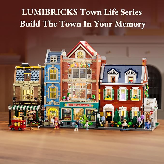 LUMIBRICKS Redbrick Row House Lighting Building Bricks Set - City Town LED Light Modular Construction Model Collection Display Kit with Minifigures 2663 Pcs for Adults & Teens